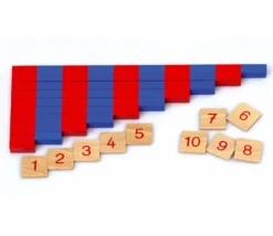 Barres rouges et bleues Montessori en bois format 25 cm avec tuiles nombres