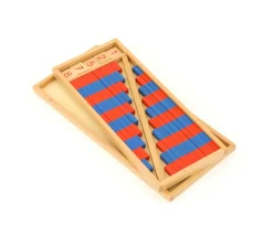 Barres rouges et bleues Montessori en bois format 25 cm avec tuiles nombres