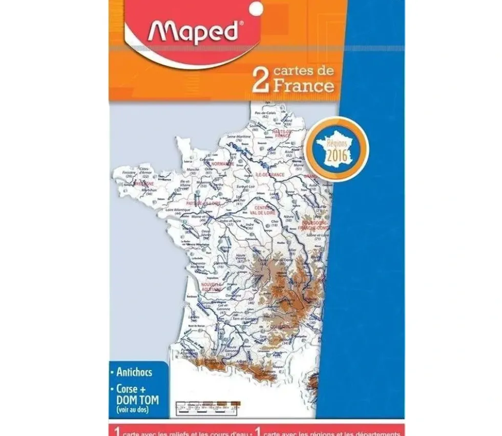 2 cartes de France reliefs et fleuves, régions et départements