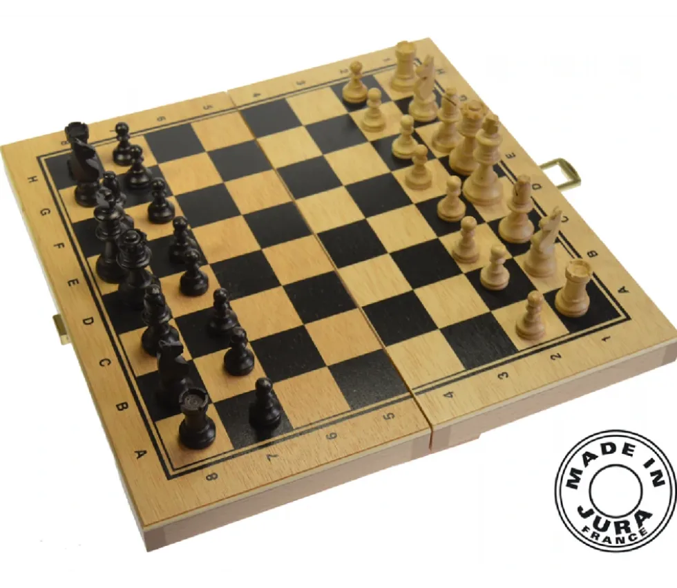 Coffret Jeu d'échecs en bois complet plateau pliable + 32 pièces - Fabriqué en France