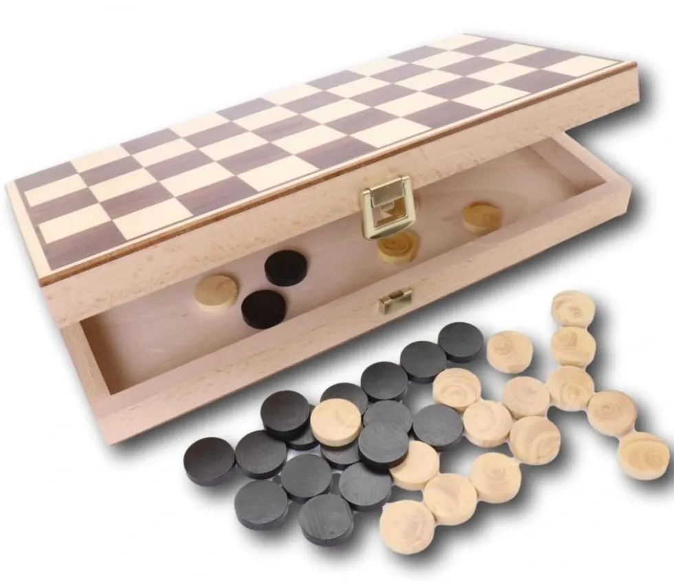Coffret Jeu de dames bois plateau 30 cm pliable + 40 pions - fabrication France