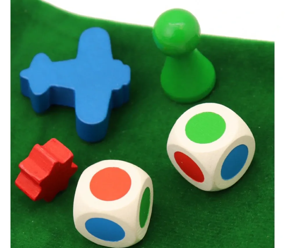 Dé bois faces 3 couleurs 16 mm rouge, vert, bleu, rouge, vert, bleu