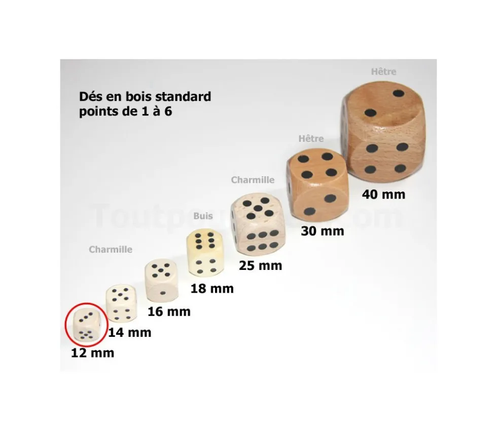 Dé bois 12 mm en charmille de 1 à 6 pour jeu de société