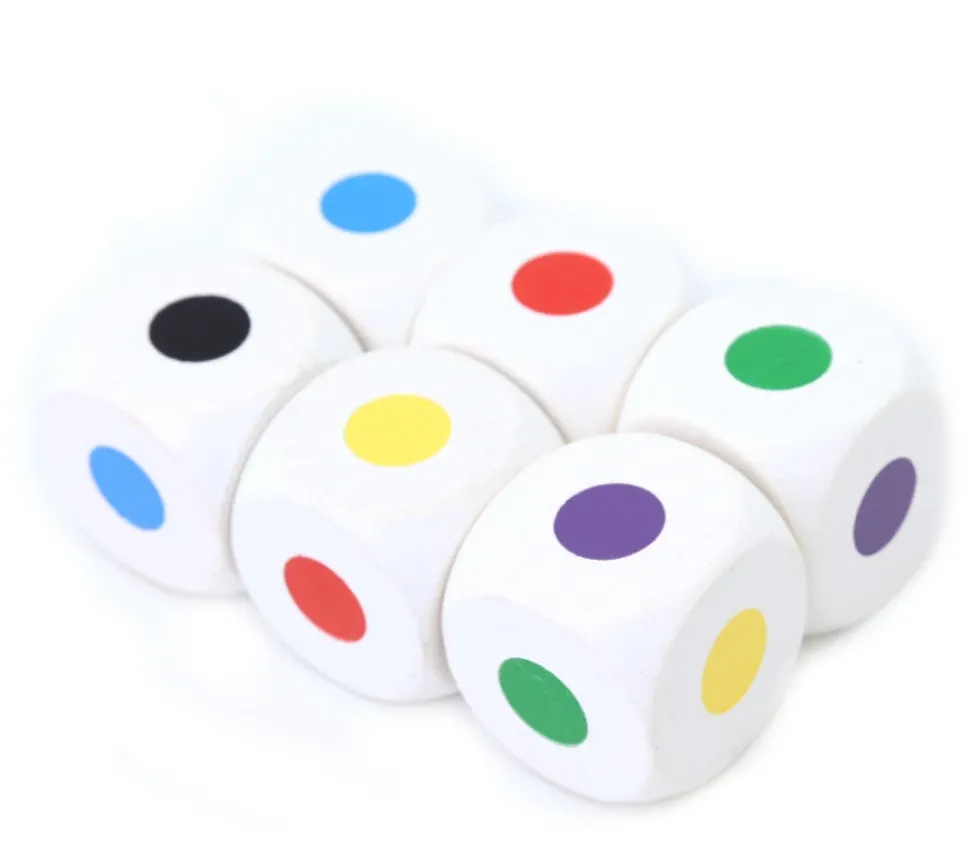 Dé bois 6 points couleur 25 mm pour jeu noir violet rouge vert jaune bleu