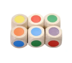 Dé bois 6 points couleurs 16 mm rouge, vert, jaune, bleu, violet et orange