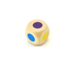 Dé bois 6 points couleurs 16 mm rouge, vert, jaune, bleu, violet et orange