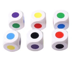 Dé bois 6 points couleurs 16 mm rouge, vert, jaune, bleu, violet et noir.