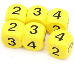 Dé 2 2 3 3 4 4 en bois de 16 mm jaune