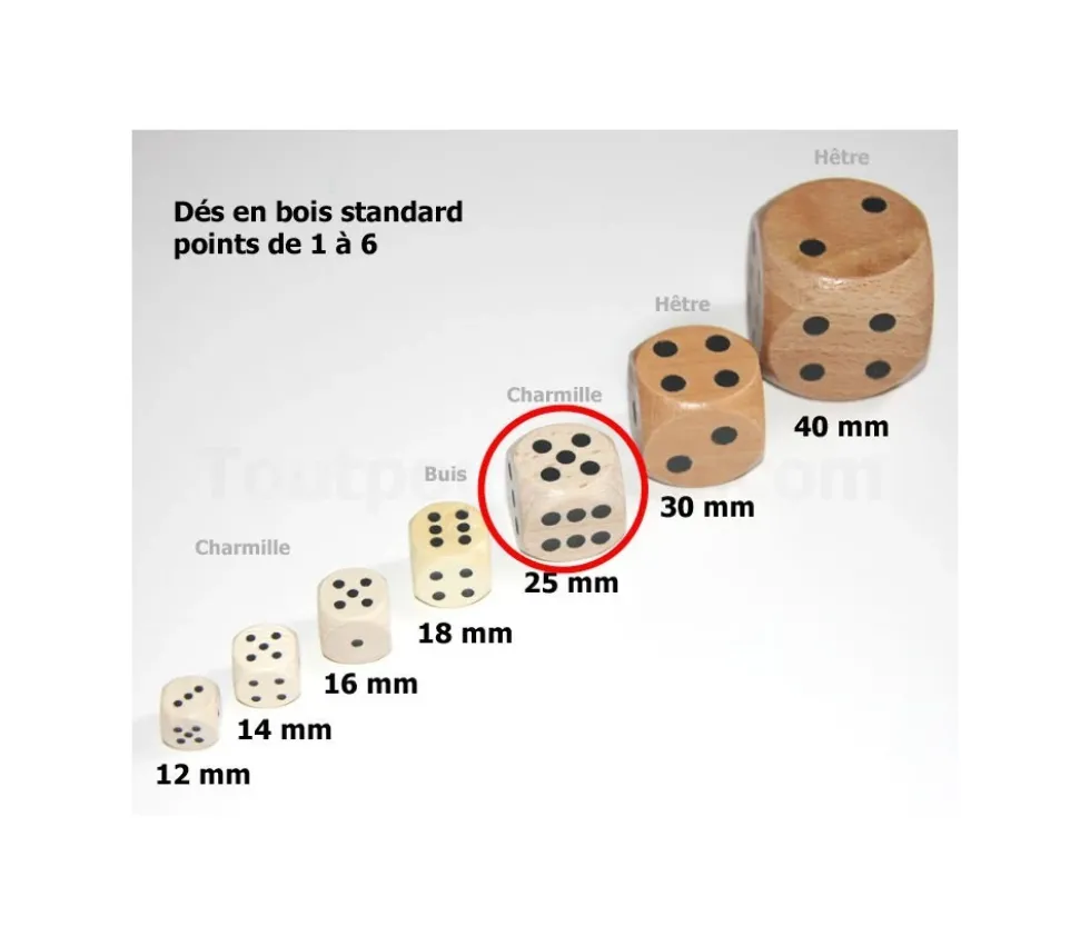 Dé en bois 25 mm de 1 à 6 pour jeu de société