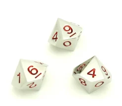 Dé 10 faces en métal argenté 0 à 9 chiffres rouges 20 mm
