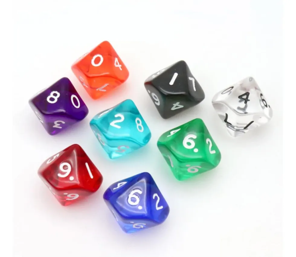 Dé 10 faces en translucide de 0 à 9 à l'unité (couleur mise au hasard)