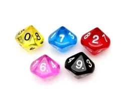 Dé 10 faces en translucide de 0 à 9 à l'unité (couleur mise au hasard)