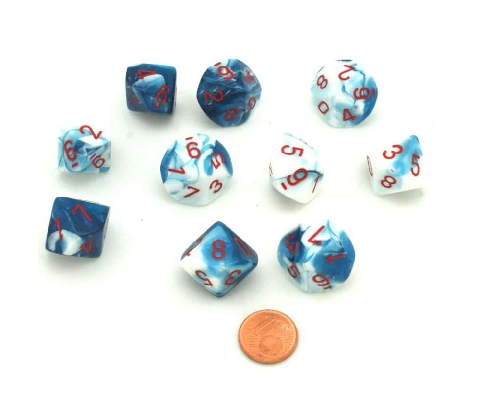 Dé 10 faces glacé nacré bleu-blanc points rouge