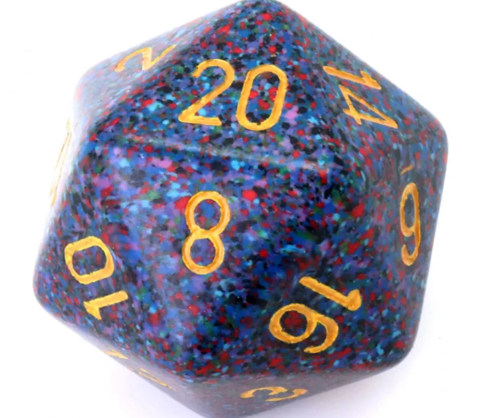 Dé 20 faces 34 mm Speckled granit bleu violet