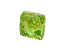 Dé 10 faces translucide vert chiffres jaunes