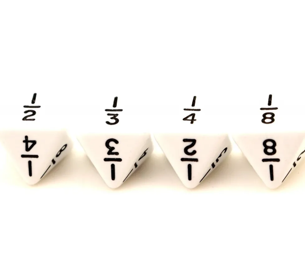 Dé fraction avec 8 faces 1/2 1/4 1/3 1/8