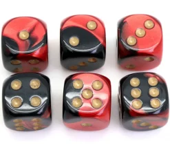 Dé 16 mm effet métallisé noir rouge points dorés