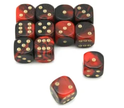 Dé 16 mm marbré noir rouge points dorés