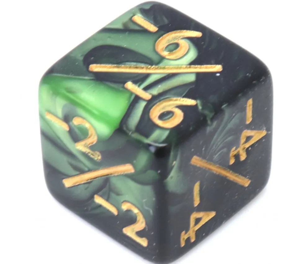 Dé modificateur négatif -1 à -6 noir et vert nacré