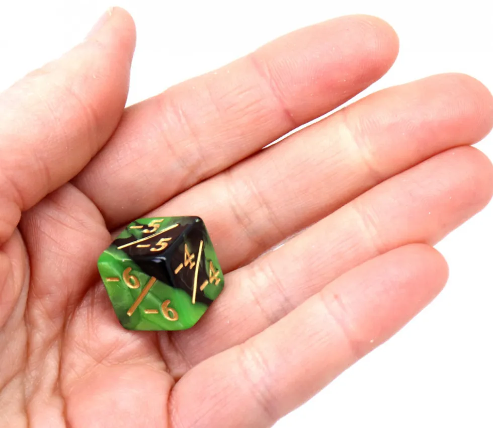 Dé modificateur négatif -1 à -6 noir et vert nacré