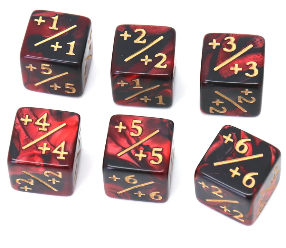 Dé modificateur positif noir et rouge +1 à +6