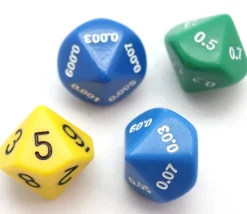 4 dés décimaux 10 faces : unité, dixième, centième, millième