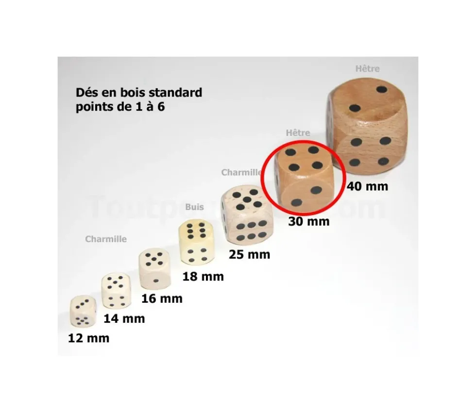 5 Dés en bois 3 cm de 1 à 6 pour jeu de société yam géant