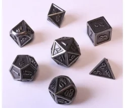 7 Dés métal argenté multi-faces (taille 14 mm)