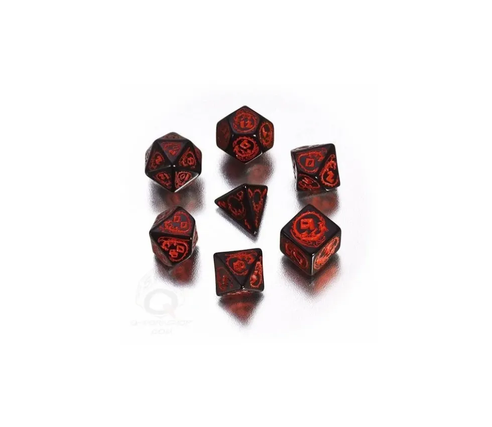 7 dés multifaces effet dragon noir avec gravage rouge