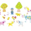 14 figurines bois : personnages et animaux de la ferme colorés