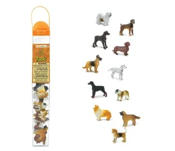 11 figurines chiens dans un tube de rangement