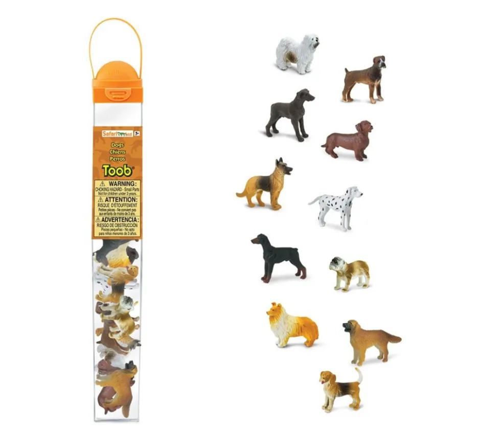 11 figurines chiens dans un tube de rangement