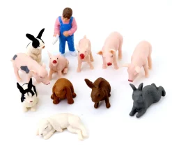 12 figurines Ferme : lapins, porcelets et fermière dans un tube de rangement