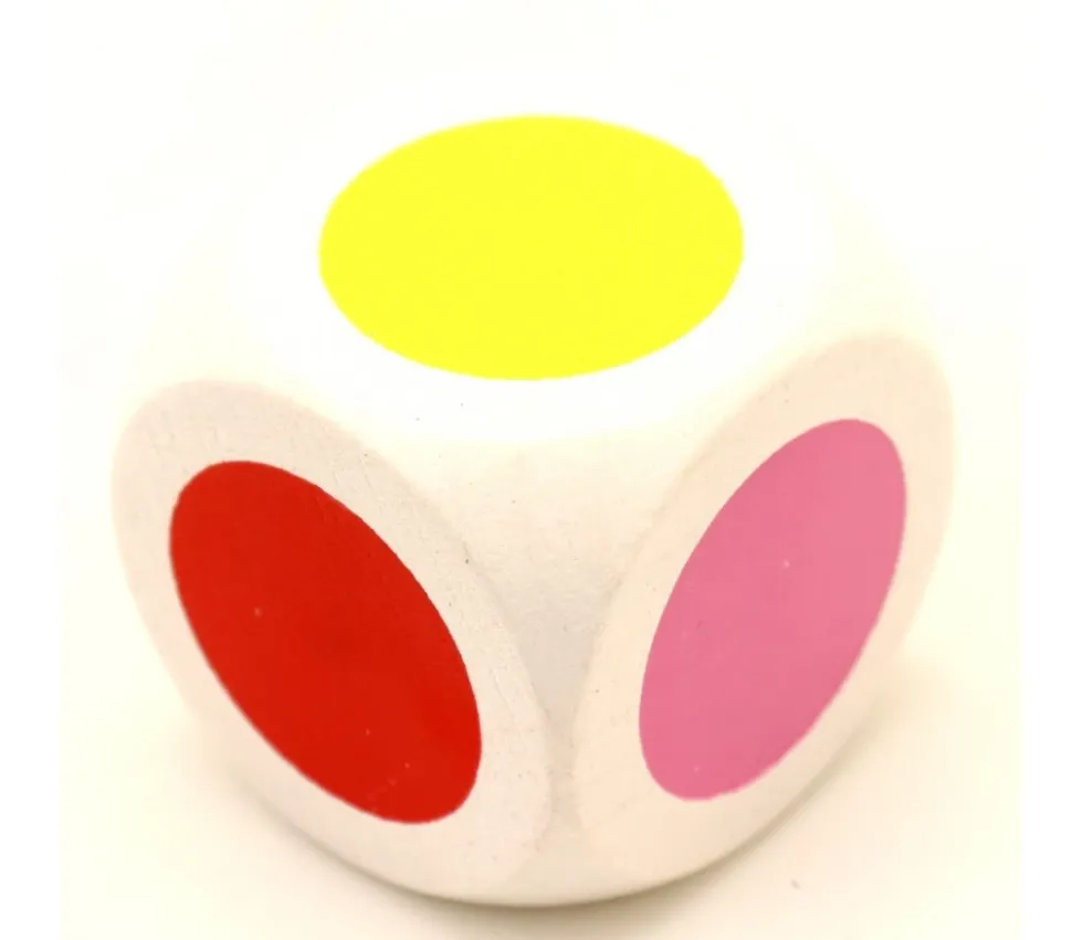 Grand Dé 30 mm 6 points couleurs brun rouge jaune bleu rose et violet