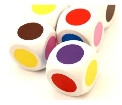 Grand Dé 30 mm 6 points couleurs brun rouge jaune bleu rose et violet