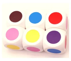 Grand Dé 30 mm 6 points couleurs brun rouge jaune bleu rose et violet