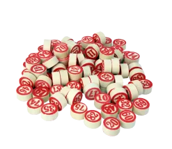 Jetons de loto en bois numérotés de 1 à 90 en rouge