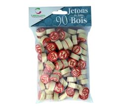 Jetons de loto en bois numérotés de 1 à 90 en rouge