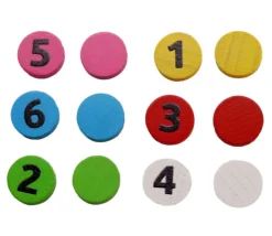 36 jetons numérotés 1 à 6 x 6 couleurs en bois