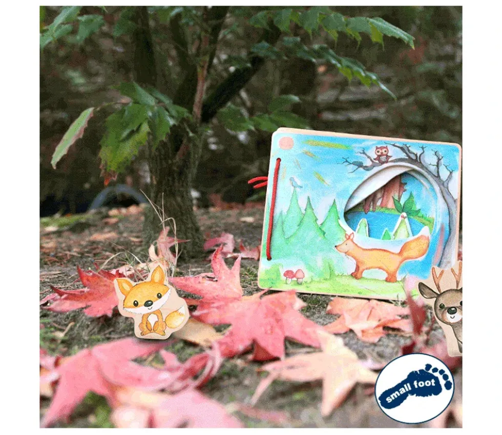 Livre en bois images de la forêt avec renard et cerf pour histoire