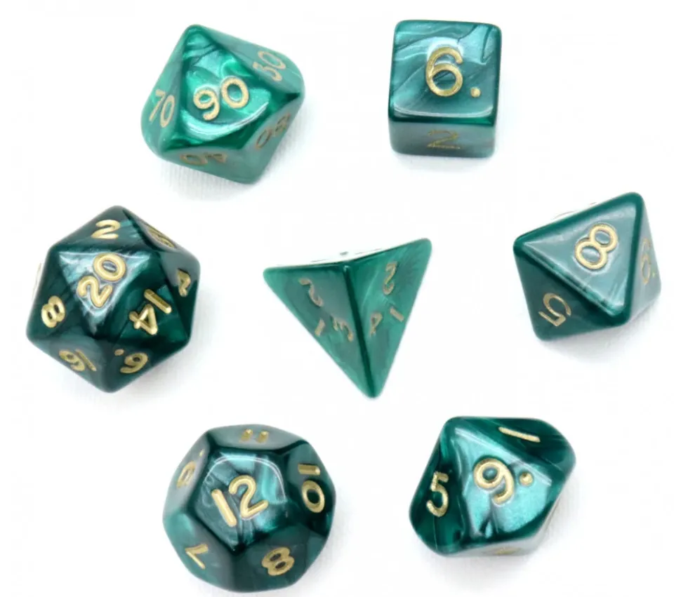 Lot de 7 dés nacrés VERT multi-faces