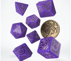 Lot 8 pièces The Witcher Dandelion : 7 dés violet doré + 1 pièce métal