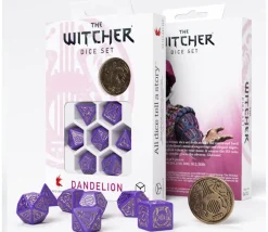 Lot 8 pièces The Witcher Dandelion : 7 dés violet doré + 1 pièce métal