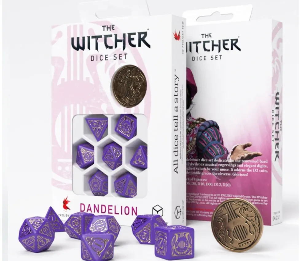 Lot 8 pièces The Witcher Dandelion : 7 dés violet doré + 1 pièce métal