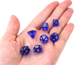 7 MINI dés multifaces translucides bleu foncé chiffres blancs