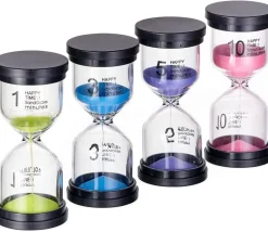 Pack 4 sabliers 1, 3, 5,10 minutes - 10 cm de haut - 4 cm de diamètre super lisible