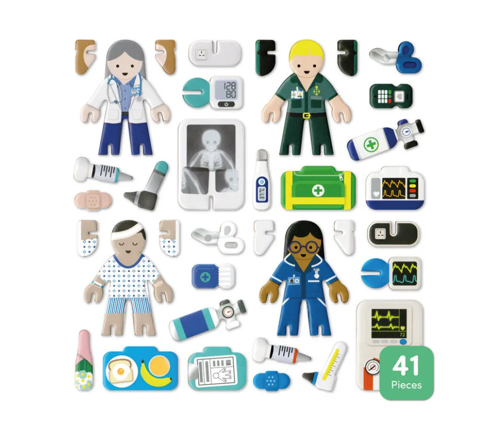 4 personnages en bois : docteurs et infirmiers. Thème médical à construire.