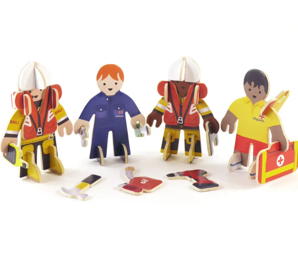 4 personnages en bois : secouristes des mers - équipe de sauvetage à construire