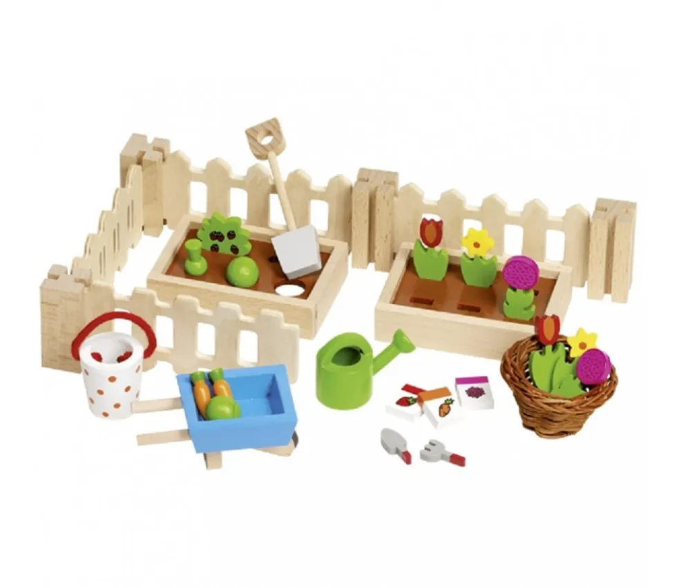 Petit jardin en bois miniature avec légumes, fleurs et accessoires