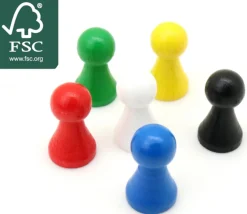 6 Pions bois 15 x 27 mm multicolores pour jeu - lot de 6 (rouge, vert, jaune, bleu, blanc et noir) modèle B